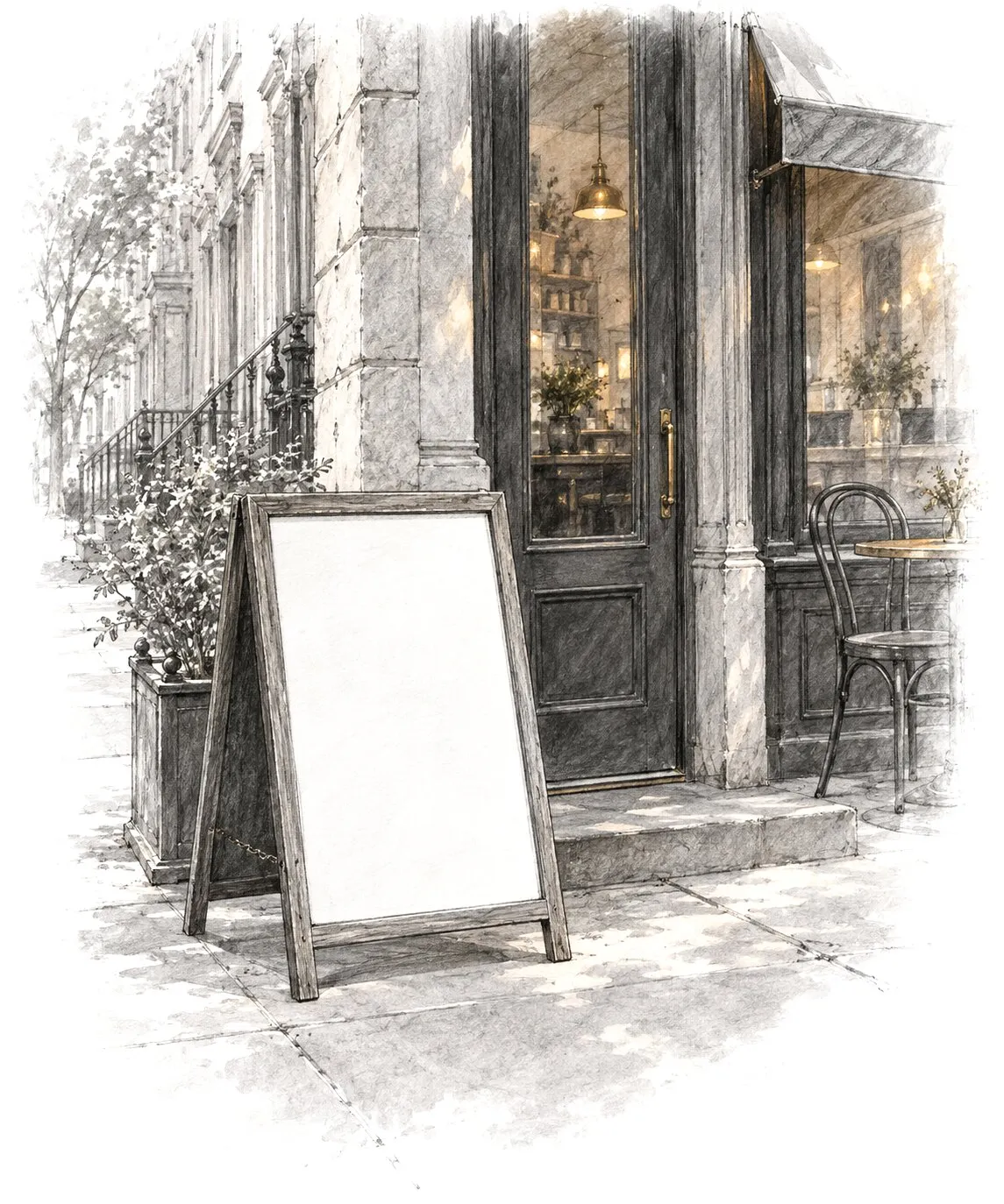 Pencil drawing of a blank sandwich-board sign standing on the sidewalk outside a café door.