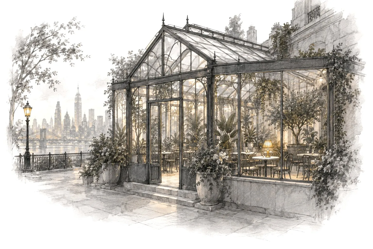 Pencil drawing of a glass conservatory café at dusk, with plants, empty tables and one lamp lit inside.
