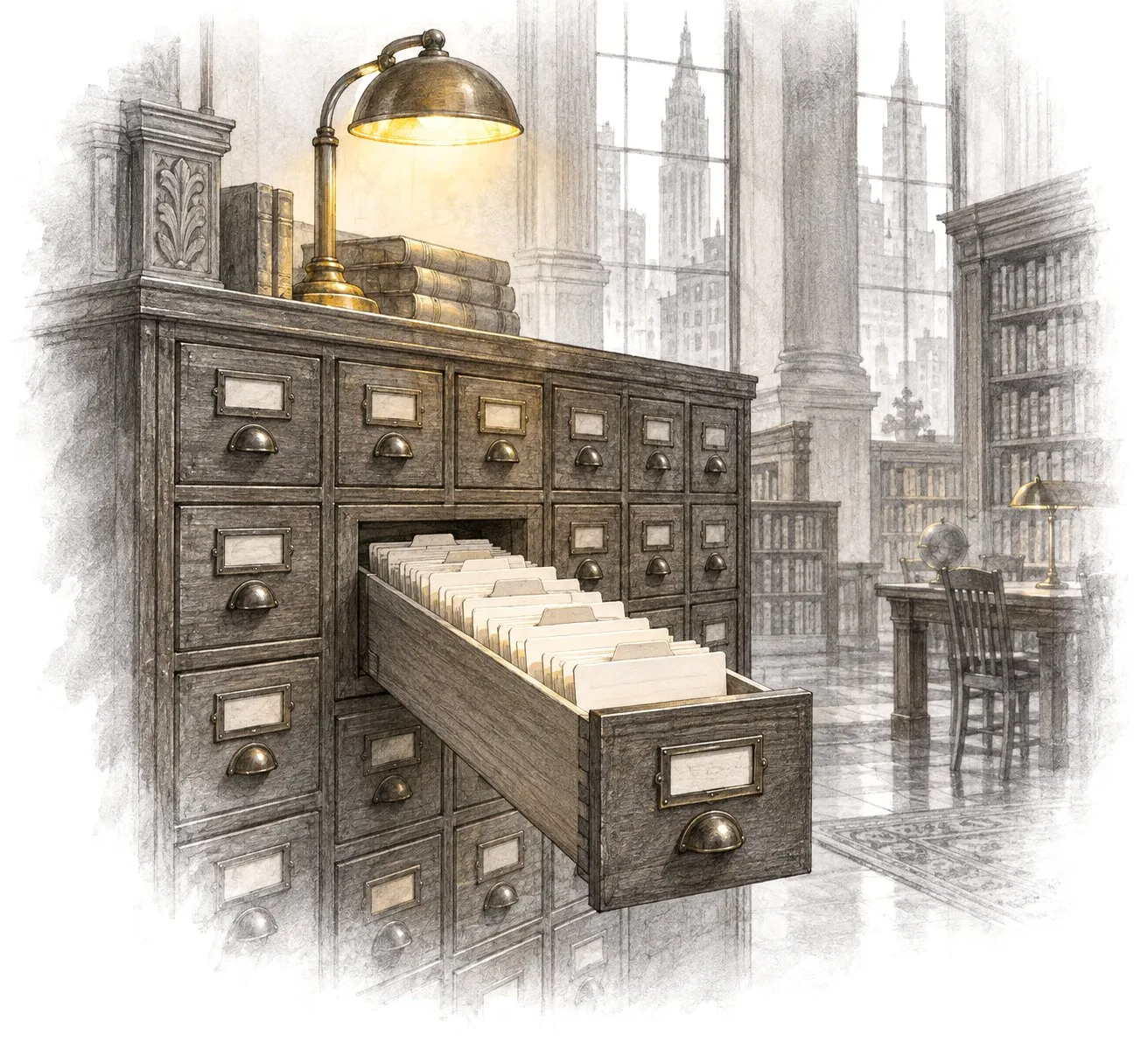 Pencil drawing of an old library card catalog with one long drawer pulled open, index cards inside, beside a reading lamp.