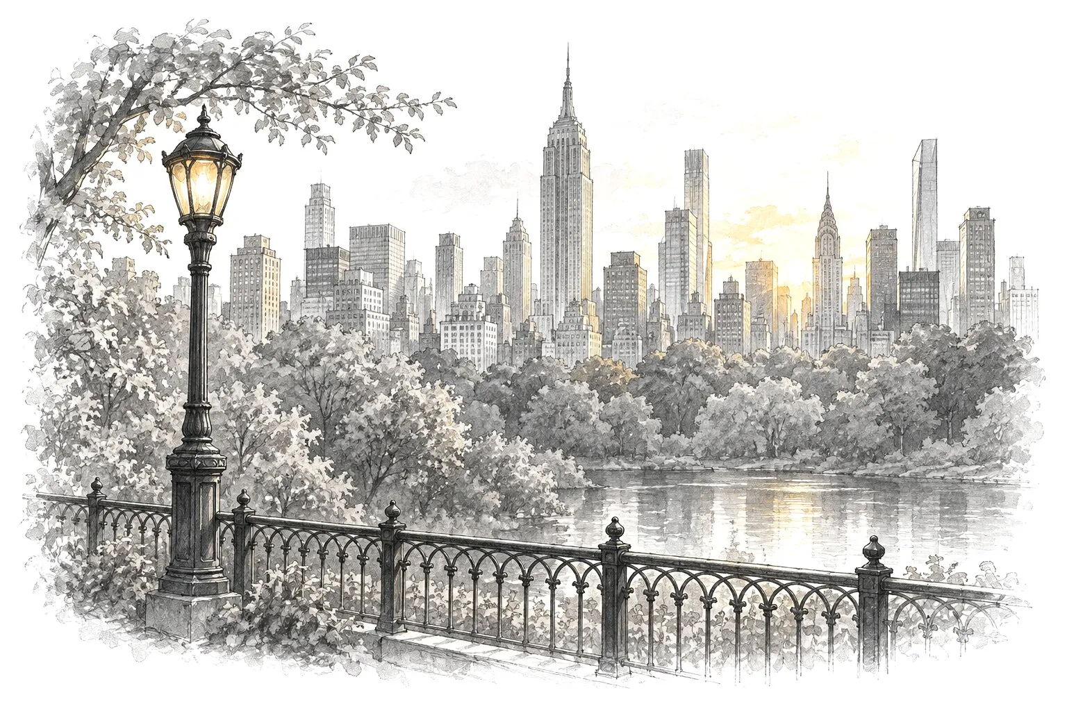 Pencil drawing of a park railing and a street lamp, with the Midtown skyline rising beyond the trees.