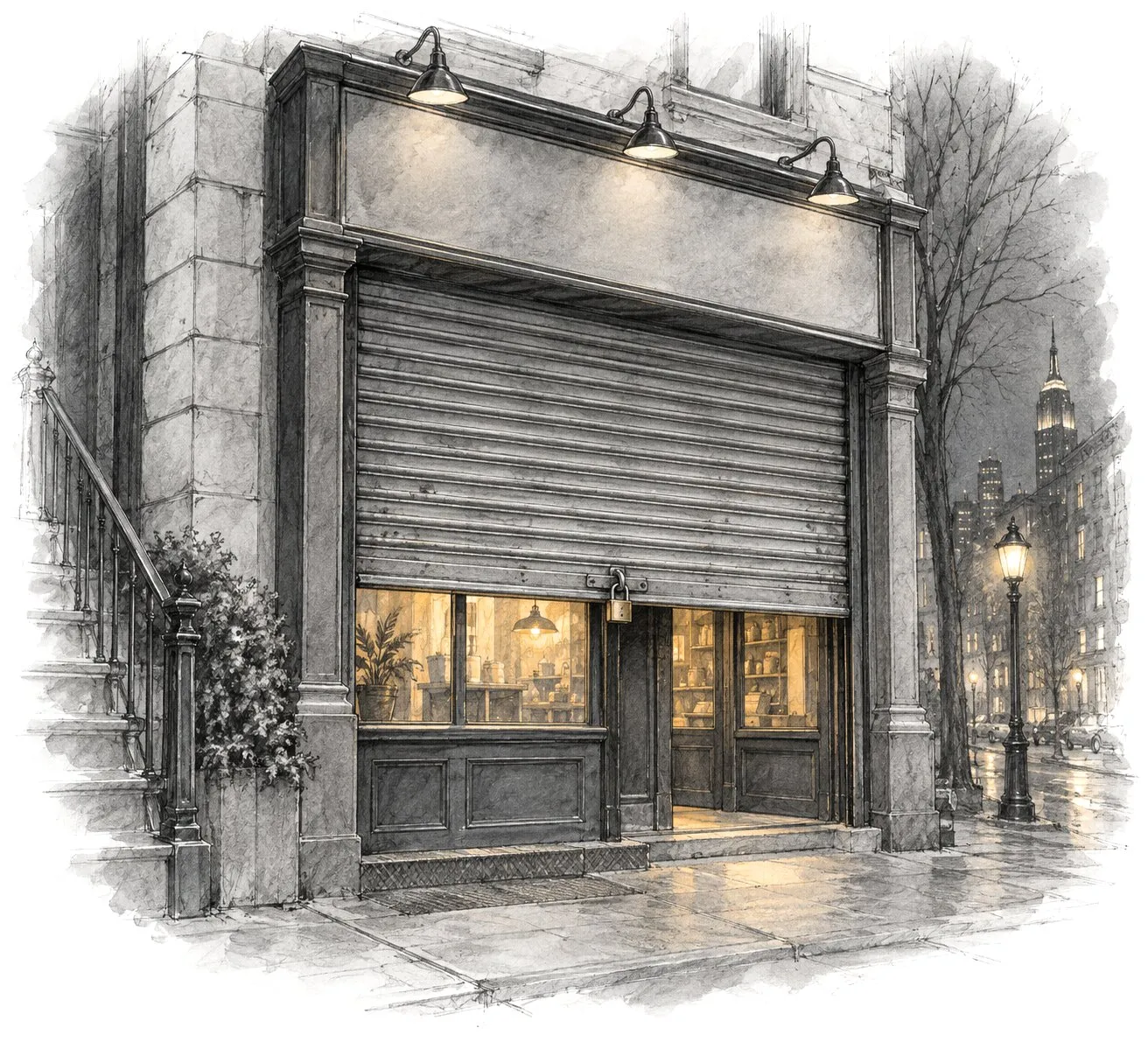 Pencil drawing of a New York shop at night, its steel roll-down gate half closed with a new padlock on it.