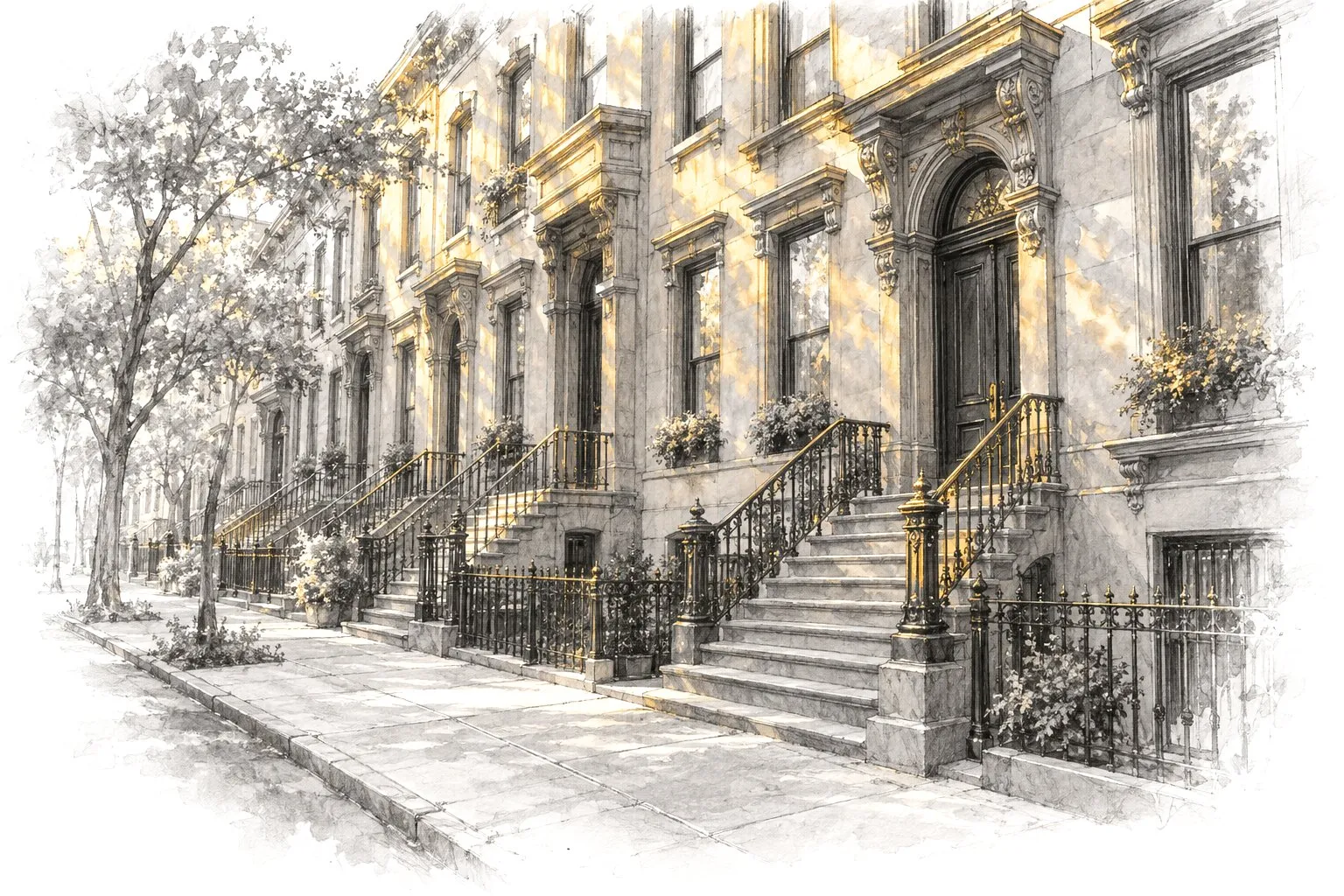 Pencil drawing of a brownstone street with stoops and iron railings in soft morning light.