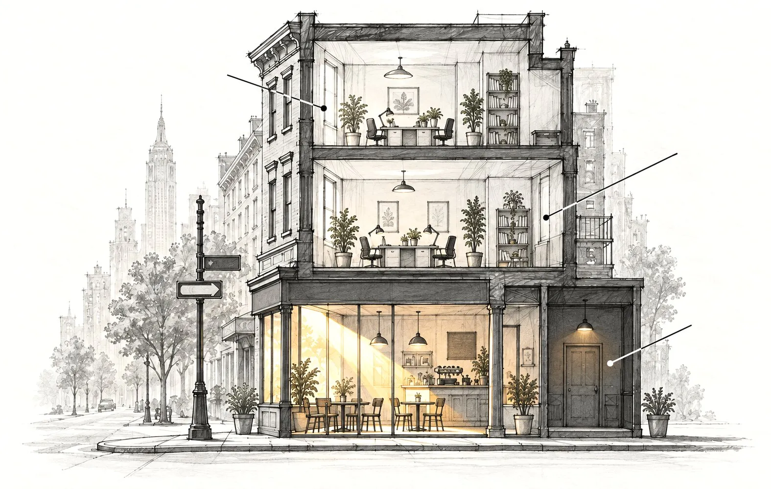 A New York corner building drawn in section: a café at street level and two office floors above, sunlight in the café window