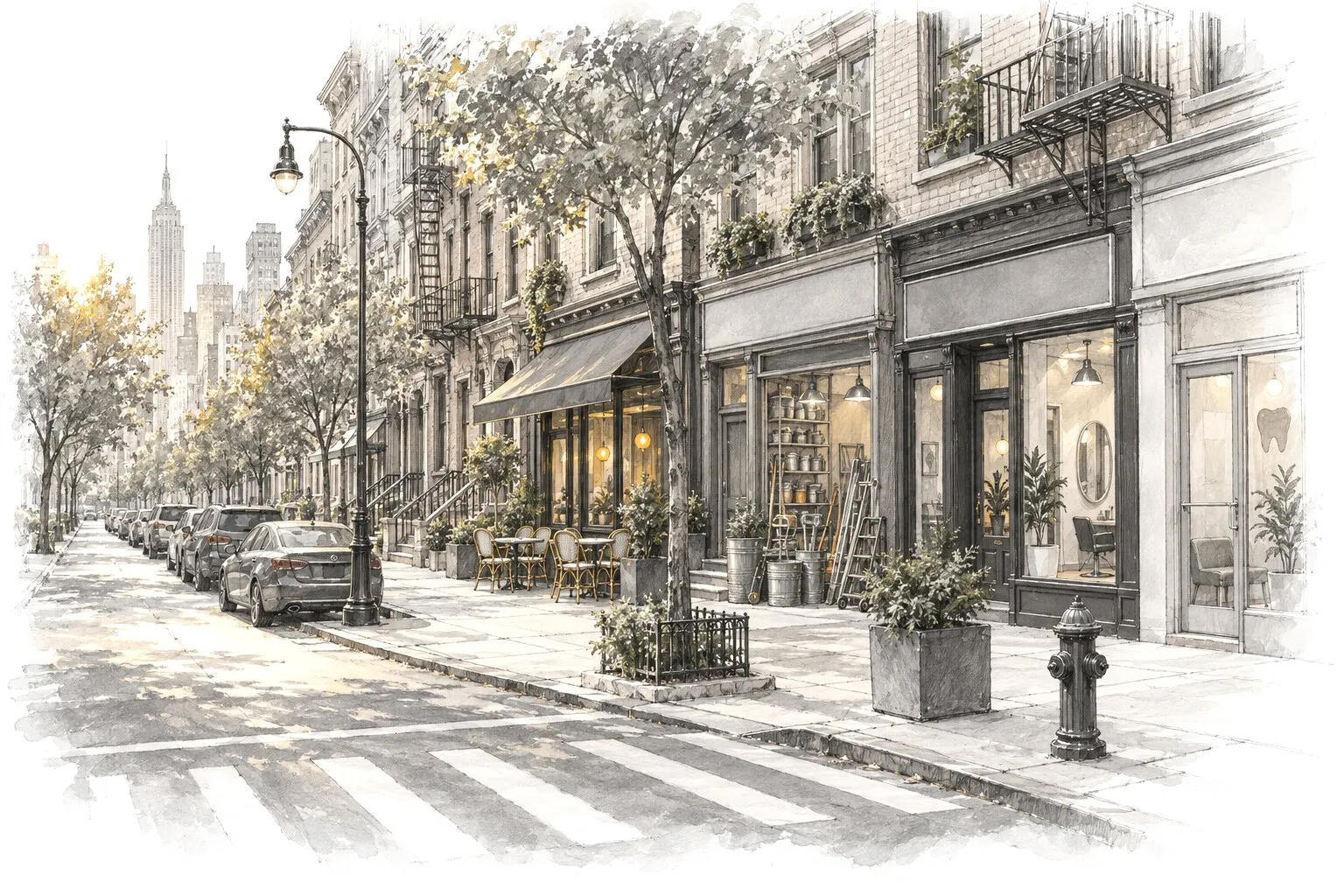 A neighborhood avenue lined with a café, a salon, a hardware store and a dental office