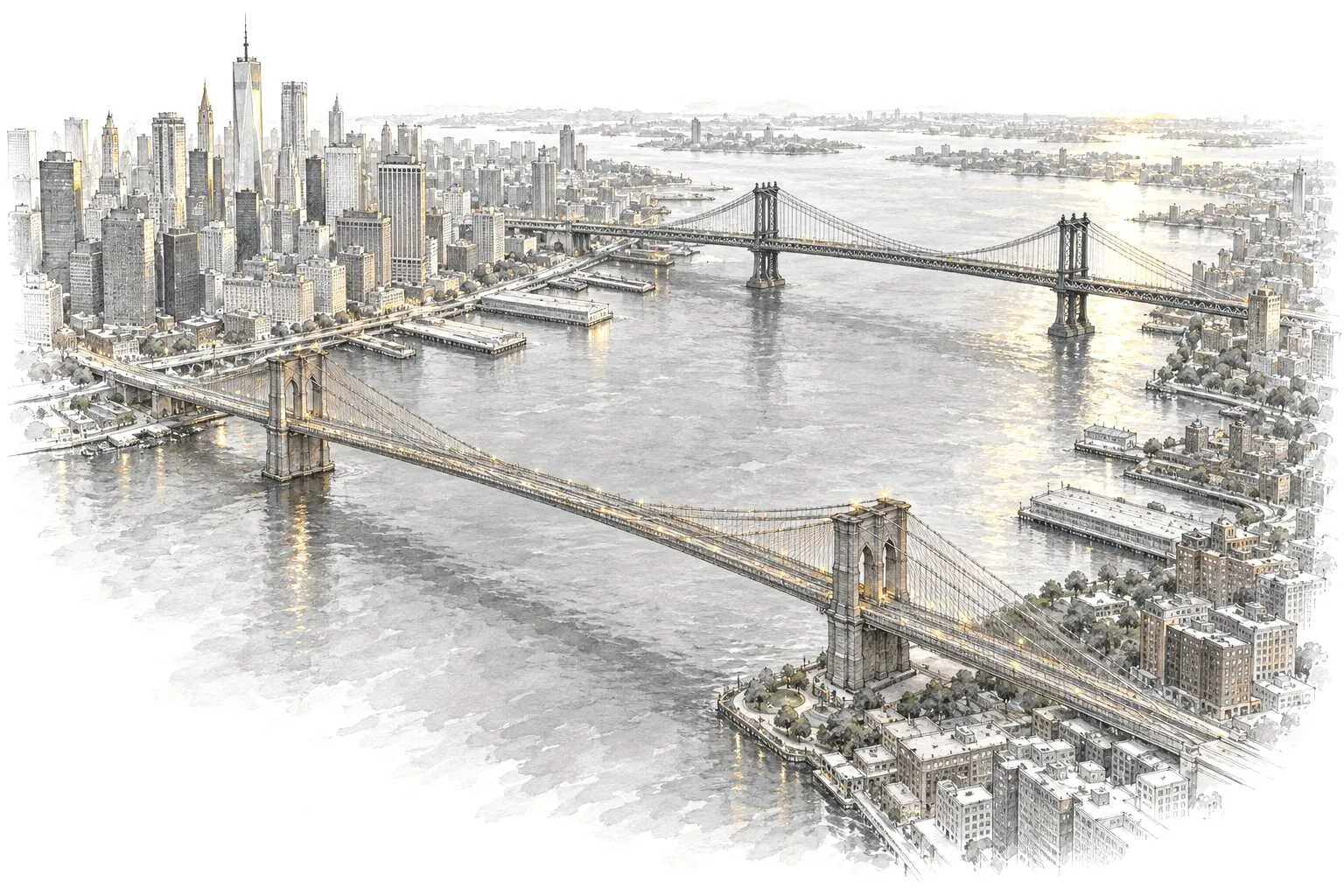 The East River from above with the Manhattan and Brooklyn waterfronts and two bridges