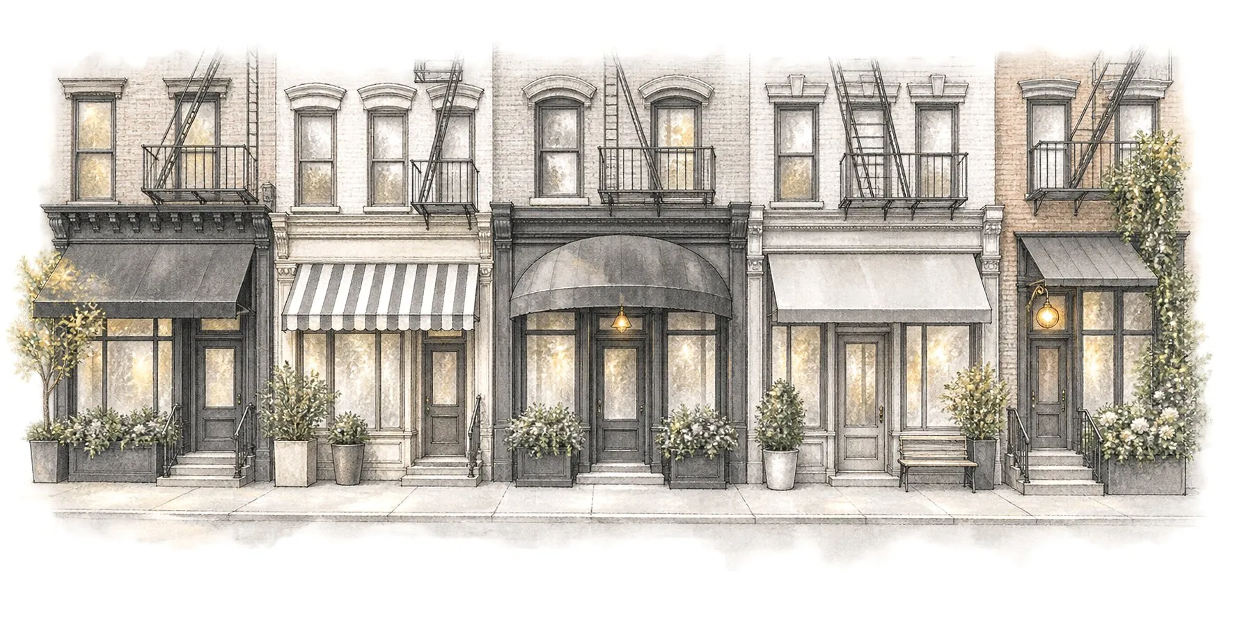 A row of five small New York shopfronts on one block