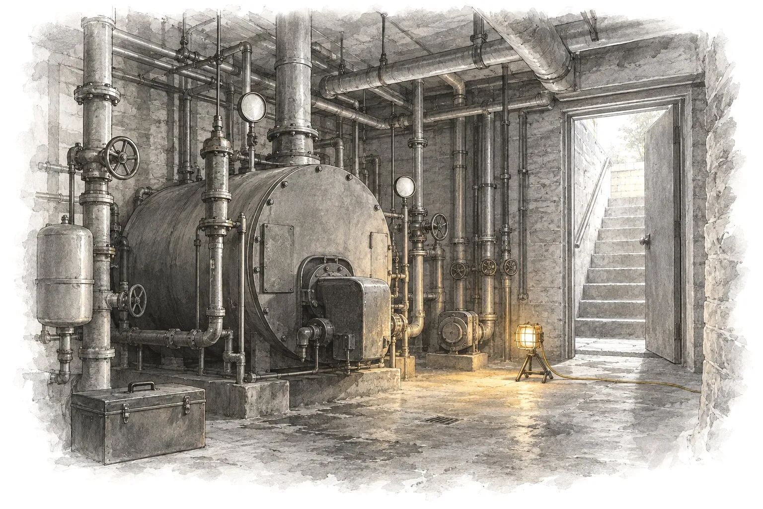 Pencil drawing of a basement boiler room: pipes and valves, a toolbox and a work light beside an open hatch door.