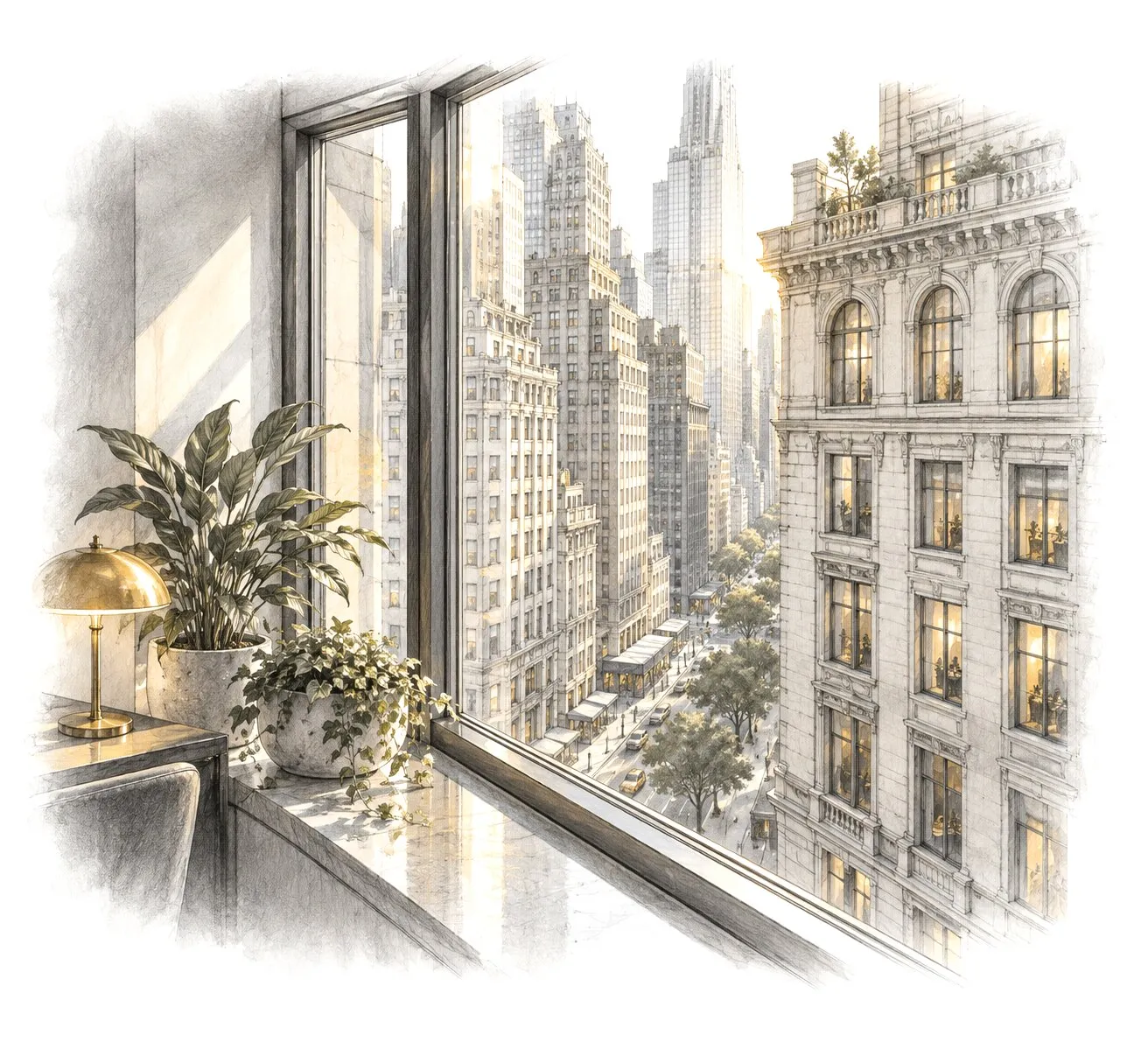 A corner office window on West 57th Street with plants on the sill