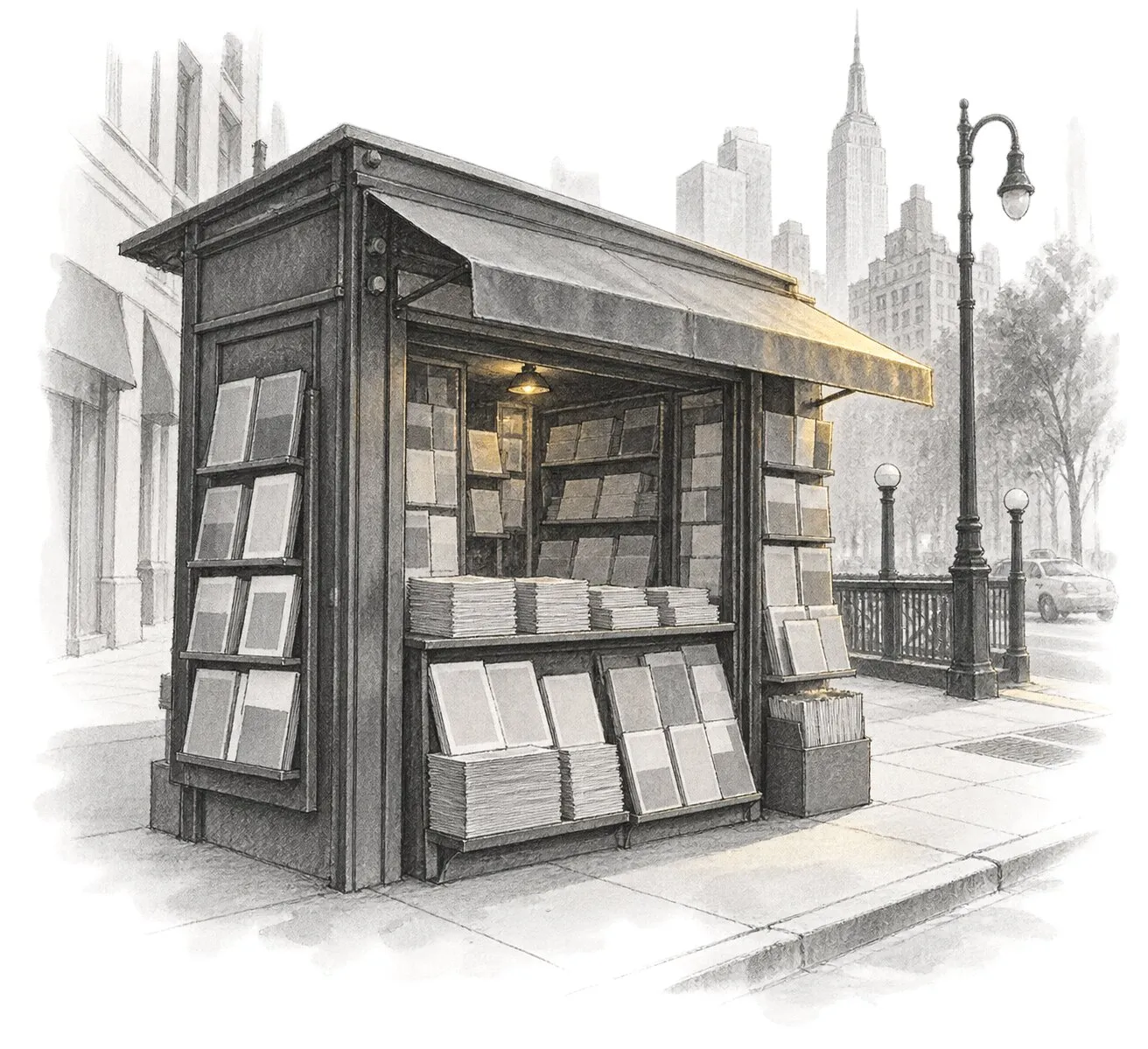 A New York sidewalk newsstand with folded newspapers