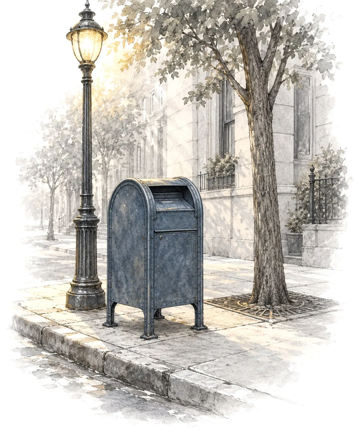 A New York corner mailbox beside a street lamp and a tree