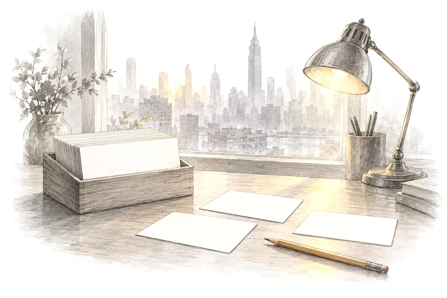 A desk with a box of index cards, a pencil and a lamp