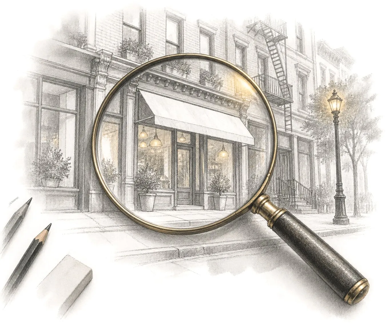 A magnifying glass over a pencil drawing of a storefront