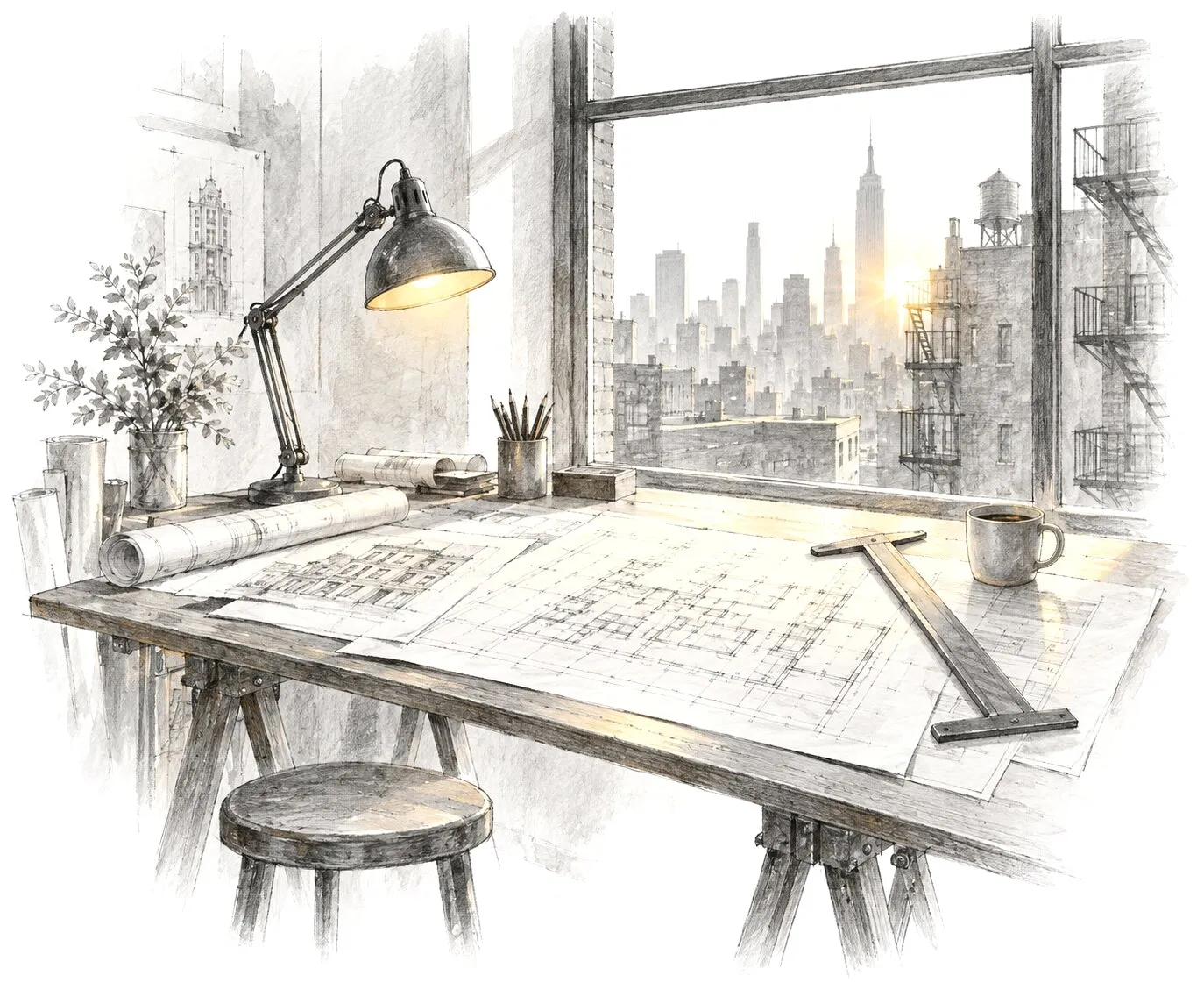 A drafting table by a window with plans, a lamp and a T-square