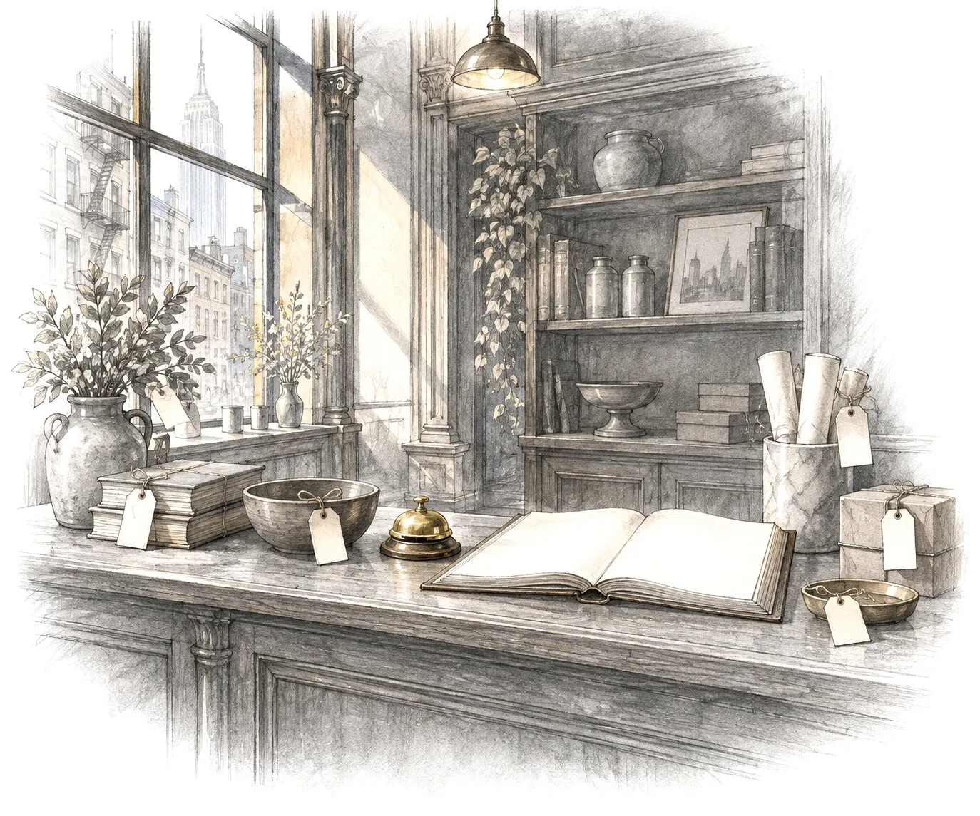 A shop counter with blank paper price tags, a brass bell and a ledger