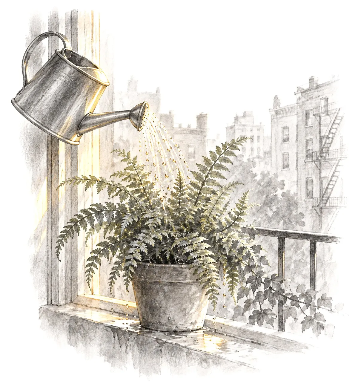 A watering can pouring onto a potted fern