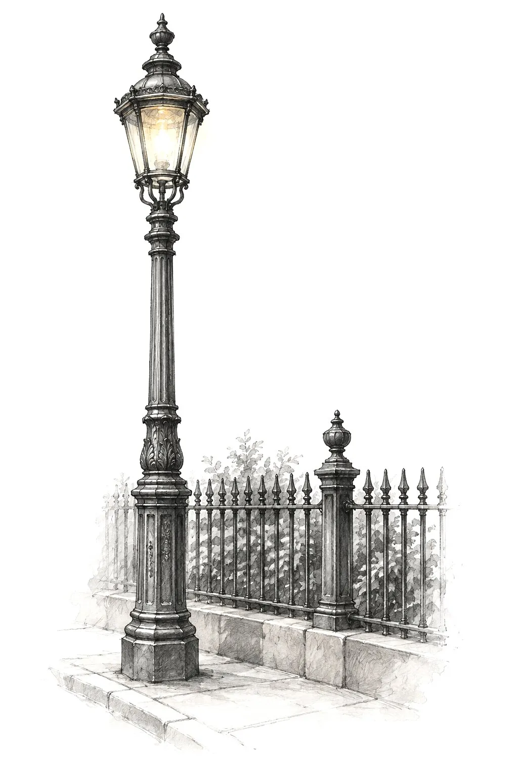 A cast-iron street lamp beside a low iron fence