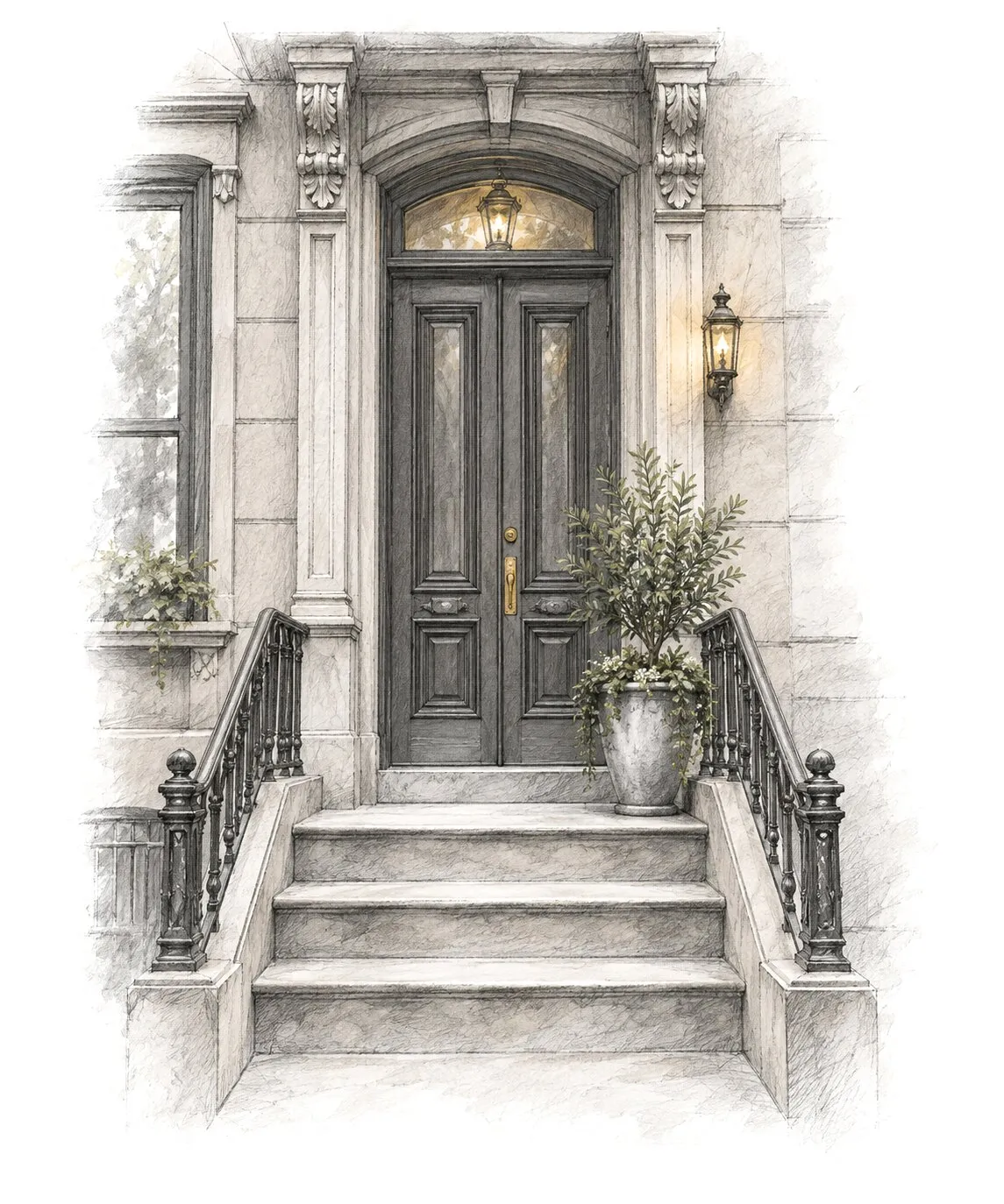 A brownstone front door at the top of stone steps