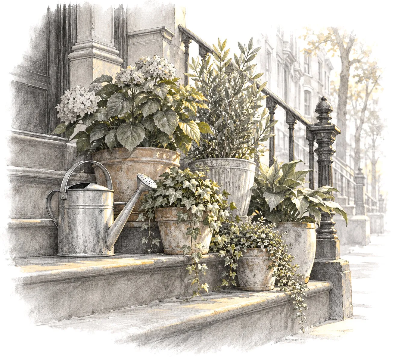 A watering can beside healthy potted plants