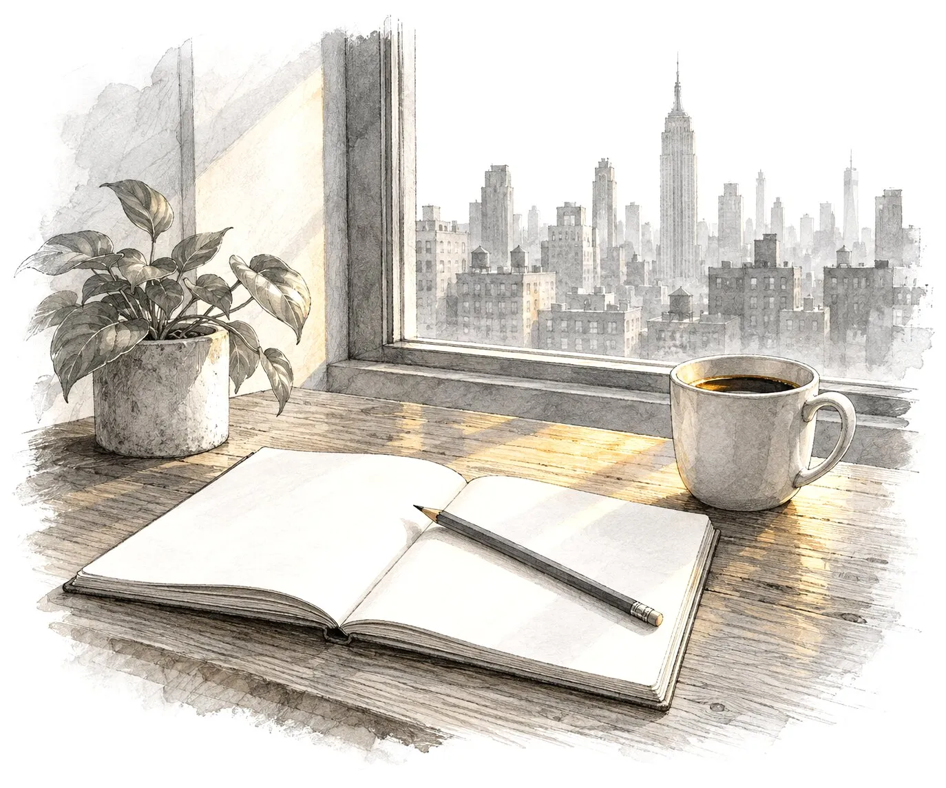 An open notebook, a pencil and a cup of coffee on a table