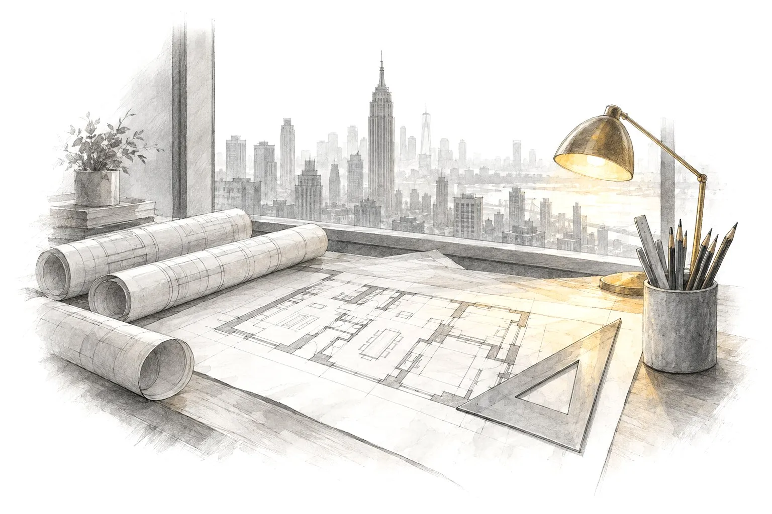 Rolled plans, a floor plan and a drafting triangle on a table