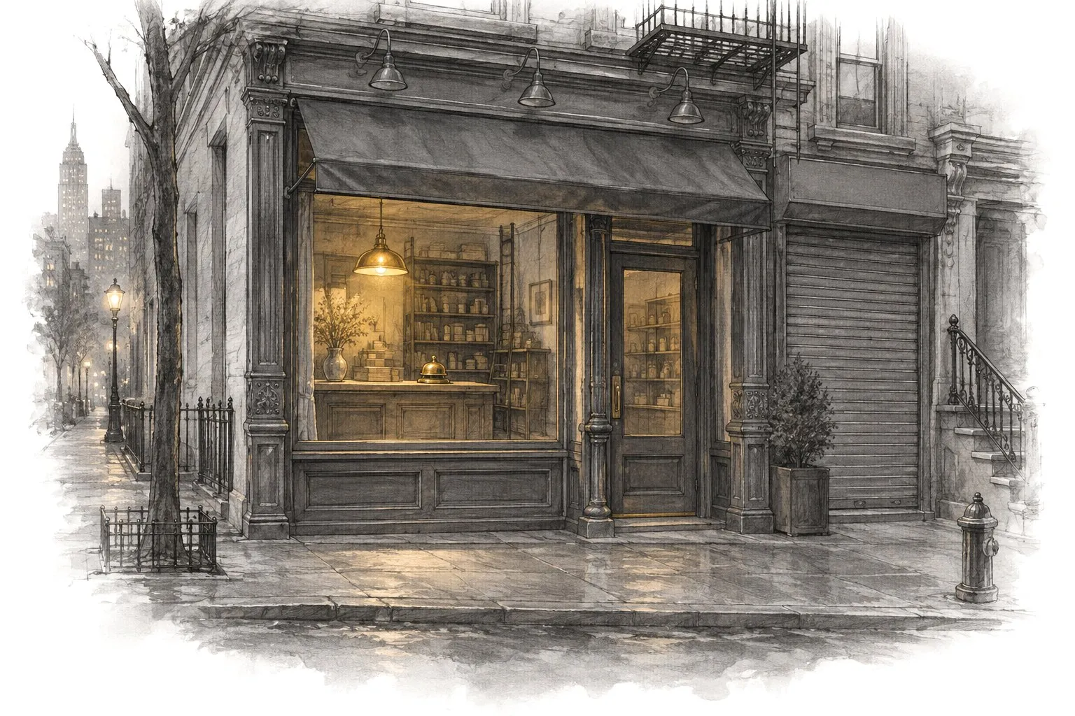 Pencil drawing of a small shop at closing time, the street getting dark, one warm lamp still lit in the window and a brass service bell on the counter.