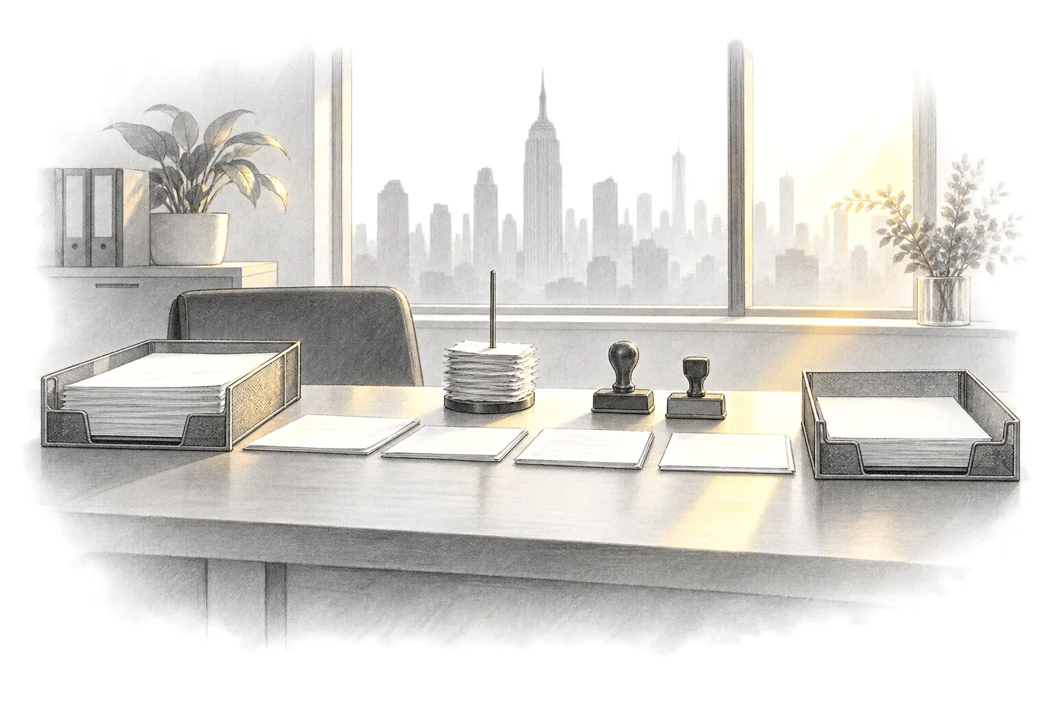 Pencil drawing of a tidy back office desk, papers moving in a neat line from an inbox tray to an outbox tray. Rubber stamps and a paper spike sit nearby.