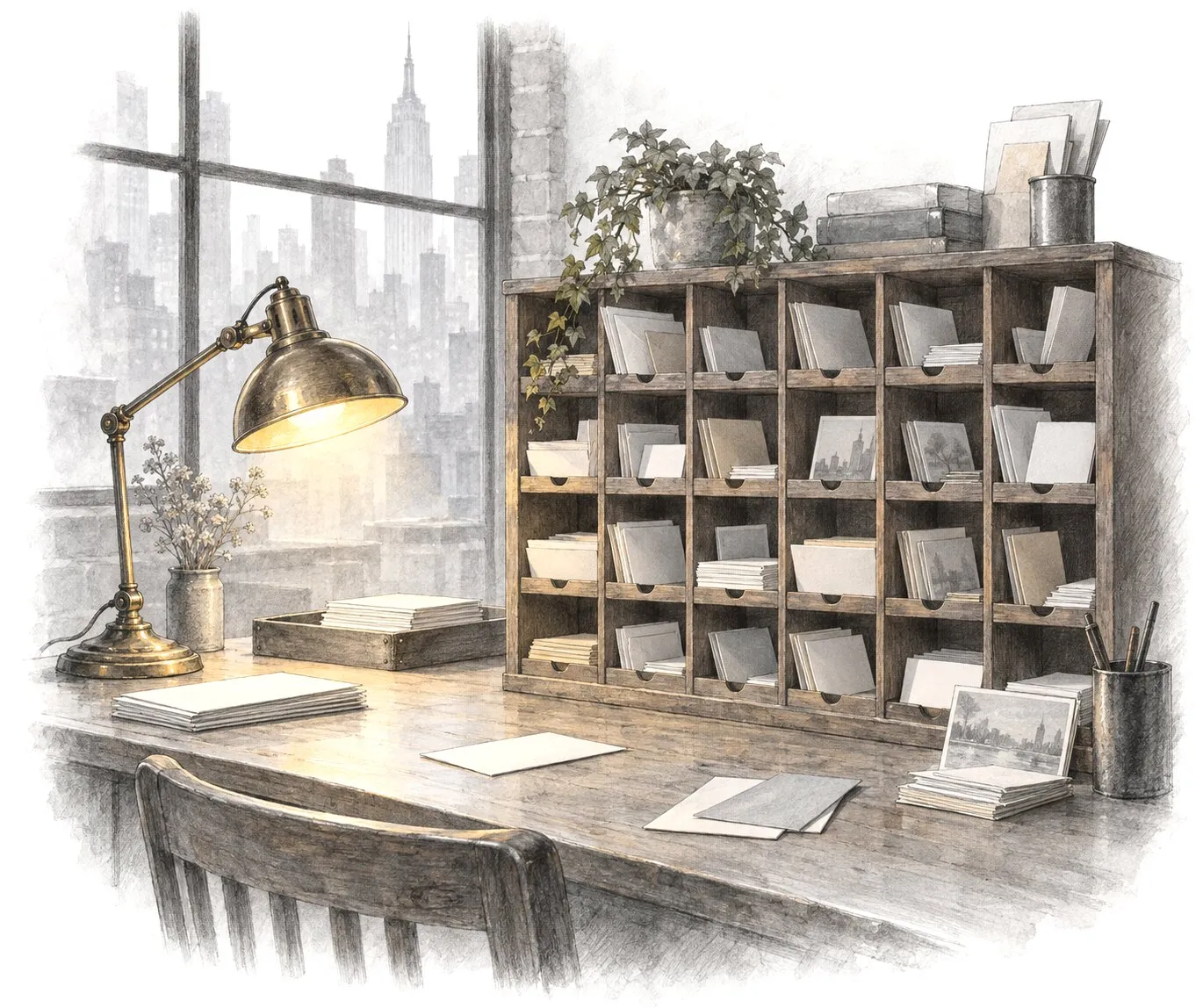 Pencil drawing of a wooden pigeonhole mail sorting rack with letters and postcards sorted into its slots, and a desk lamp beside it.