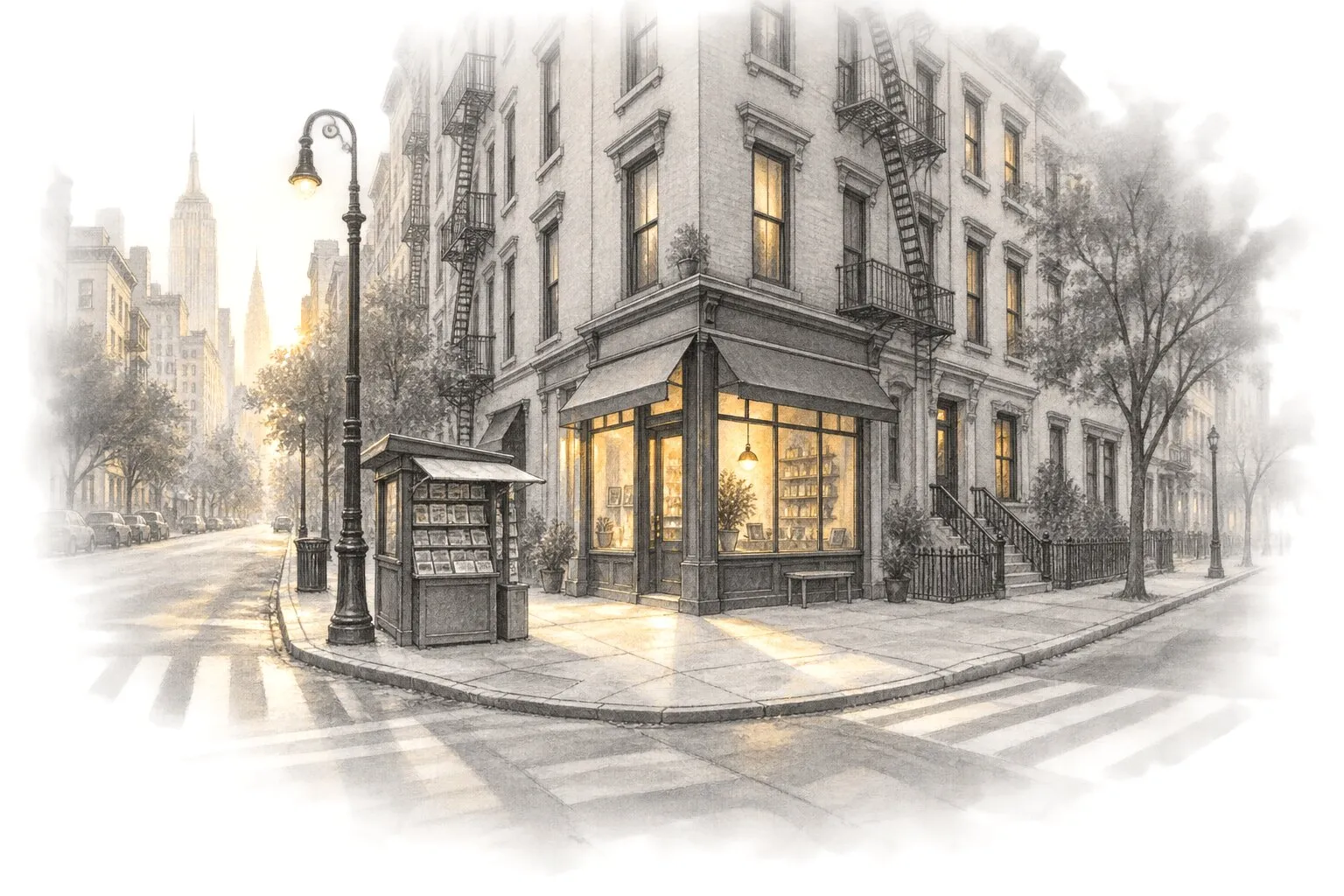 Pencil drawing of a street corner where several sidewalks meet at one shop with a lit window, with a newsstand on the corner.