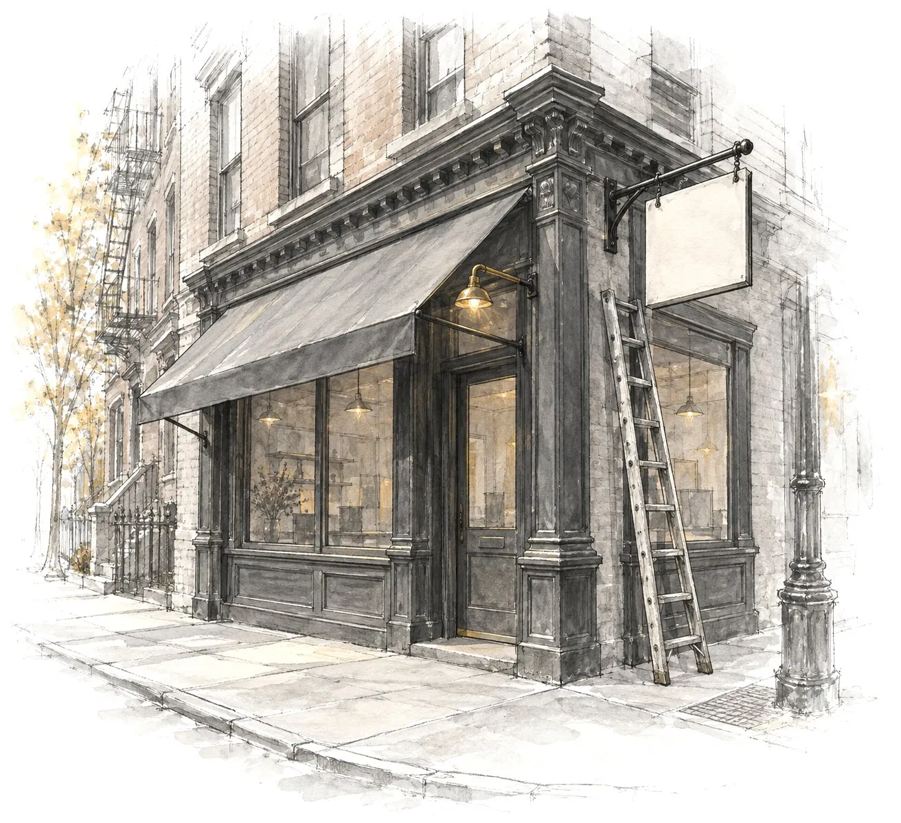 Pencil drawing of a corner shop front, with a new blank sign being hung on its bracket and a ladder leaning against the wall.